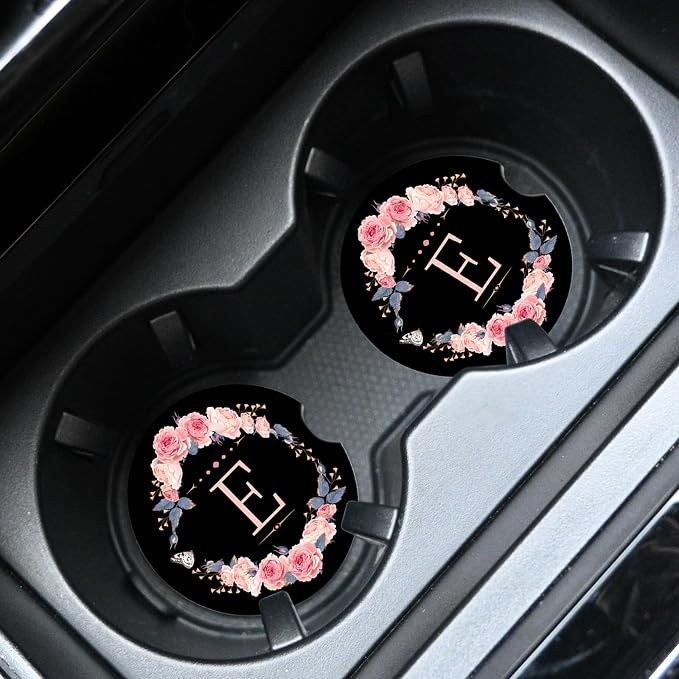 2pcs Letter E Car Coasters,Absorbent Universal neoprener Cup Holder Coasters with a Finger Notch,Car Accessories for Women&Man Interior，2.75"