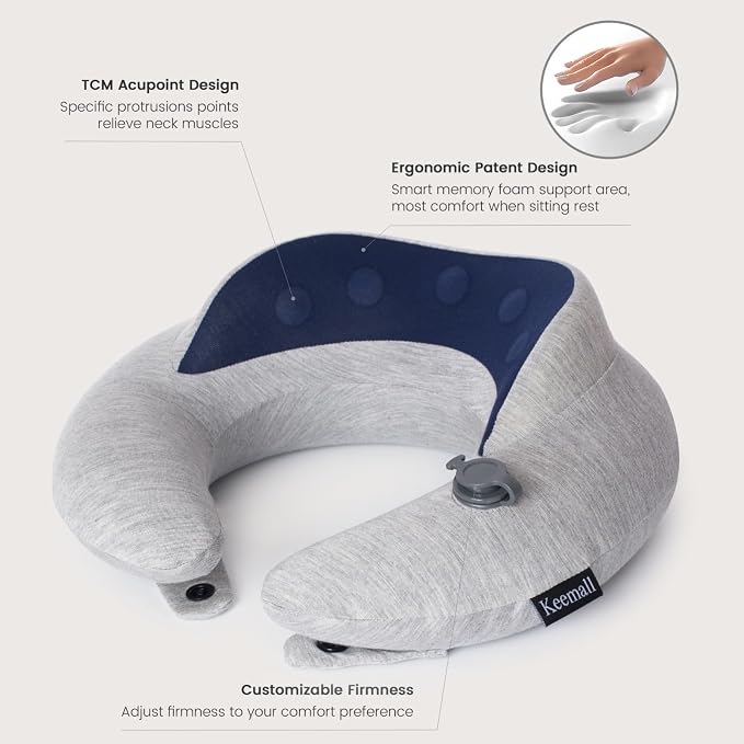 Keemall Inflatable Travel Pillow, Upgraded Travel Neck Pillow for Airplane Neck Support Sleeping - 3rd Generation, Double Comfort Plane Pillow - Portable Travel Essentials