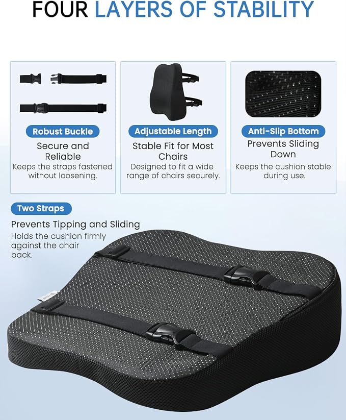 Vekkia Lumbar Support Pillow for Office Chair - Back Support for Car, Lumbar Cushion with Adjustable Straps & Mesh Cover, Lower Back Pain Relief for Office Workers, Drivers, Gamers & Travelers