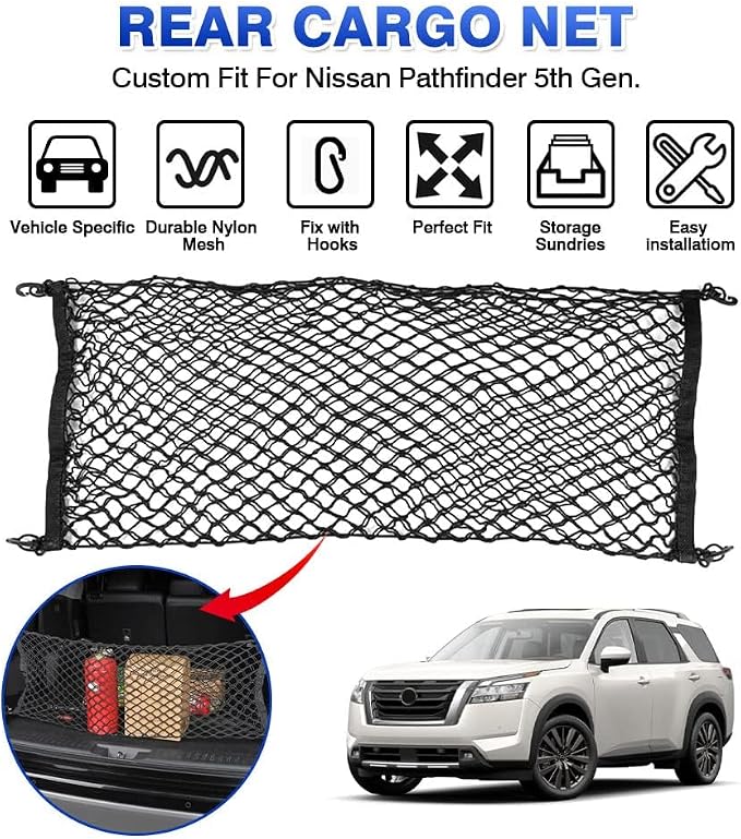 Karltys Envelope Style Cargo Net for Nissan Pathfinder 2022-2024 2025 2026, Highly Elastic Pathfinder Rear Trunk Cargo Net, Heavy Duty Nylon Mesh Storage Netting Organizer with Durable Hooks