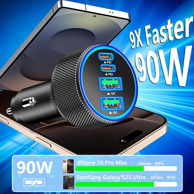 USB C Car Charger, Rombica 4-Port 90W USB-C&USB-A Car Power Adapter Dual 45W PD/QC Multiport Type C Fast Charger Car Phone Charger for iPhone 17 17 Pro Max 16 15 14 13 12 11/Galaxy S26 S25/Pixel/iPad