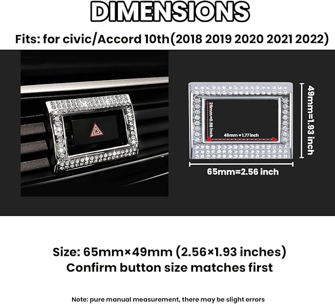 Bling Hazard Warning Button Cover Sticker Compatible with Honda 10th gen Honda Civic/Accord (2018-2022) Zinc Alloy Crystal Warning Light Decal