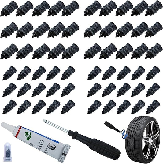 62 PCS Tire Repair Rubber Nail Kit with Sealant Glue & Screwdriver, Premium Spiral Screw-in Tire Plugs with 2 Sizes - Emergency Roadside Flat Tire Fix for Car Truck Motorcycle ATV SUV