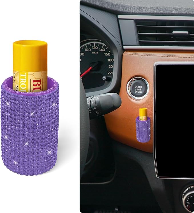 Upright Car Chapstick Holder, Bling Insulating Lip Balm Holder,Rhinestone Car Accessories for Women Interior ,Suitable for Most Vehicles. (Purple)
