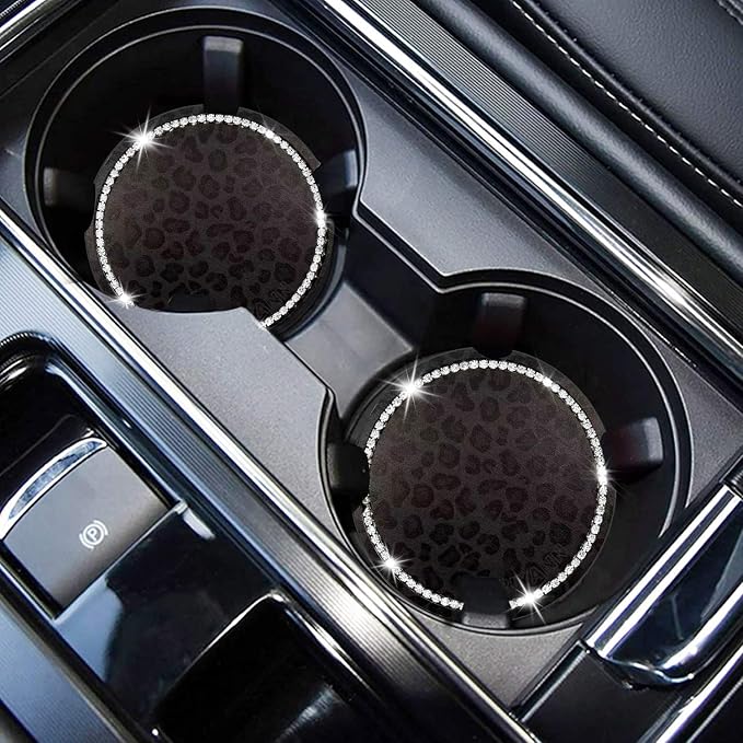 Car Cup Holder Coaster, 2PCS Silicone Car Cup Holder Insert Leopard Print, 2.75" Universal Non-Slip Cup Holders, Interior Car Accessories for Women and Man (Black)