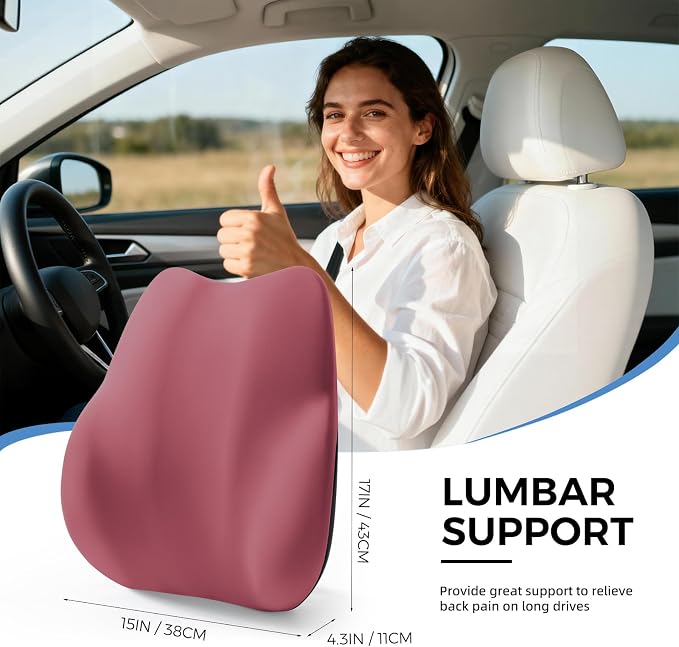 BEBAS Lumbar Support Pillow for Car, Memory Foam Back Cushion for Driving, Ergonomic Lumbar Pillow for Pain Relief, Comfort Lower Back Support for Office Chairs, Car Seat, Wheelchair -Red