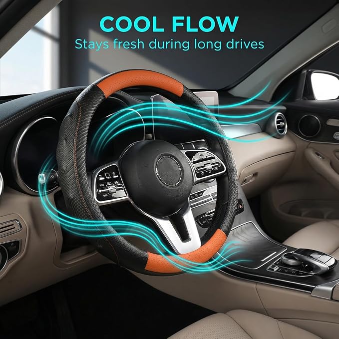 Car Steering Wheel Cover, Breathable Carbon Fiber Vehicle Steering Wheel Protector with Anti-Slip Lining, Automotive Interior Accessories, Universal for SUV RV Truck (Black Orange)