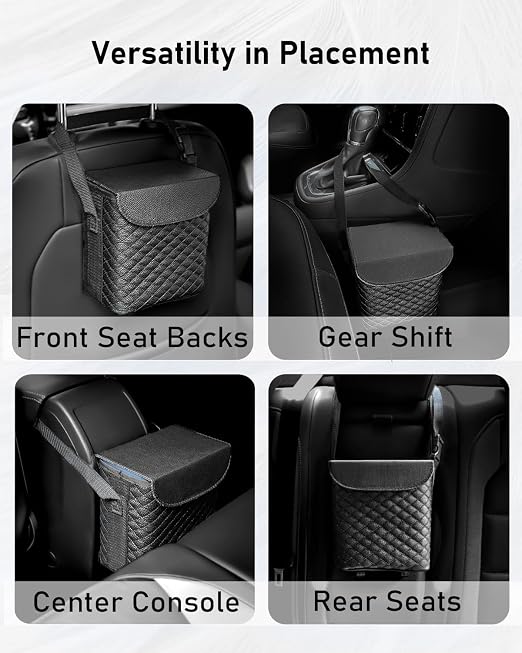 BELINOUS Leather Car Trash Can with Matching Tissue Holder | Waterproof and Leakproof, Mini Car Trash Can with Lid, Adjustable Strap, Small Garbage Bin