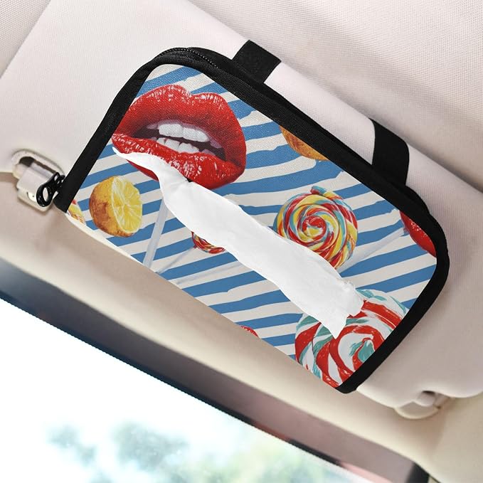 Blue Valentine Lips Lollipops Car Tissue Holder Durable Napkin Holder Hanging Tissue Holders Case Car Tissues Bag for Sun Visor Seat Back Universal Auto