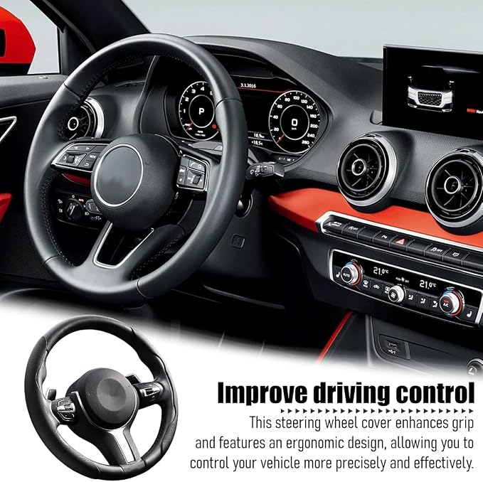 2PCS Car Steering Wheel Cover, 14.5-15" Breathable Nappa Leather Segmented Steering Wheel Protector with Non-Slip Grip, Stylish Auto Interior Decor Accessories, Universal for Vehicles (Black)