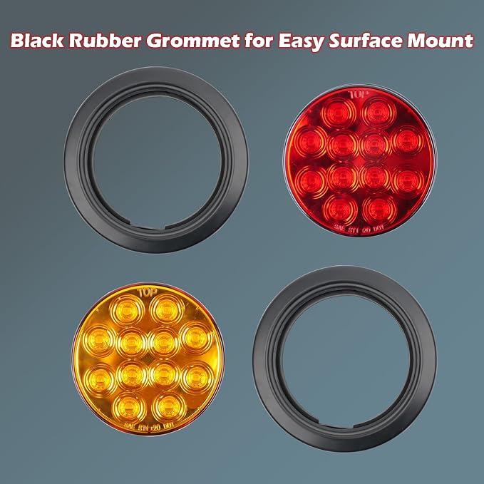 fouwick 4.2 Inch Round Red LED Trailer Tail Lights, 12-LED Waterproof IP65 Stop Turn Brake Light, 12V Flush Mount Trailer Lights LED Kit for Truck, Boat, RV, Marine (2 Pack)