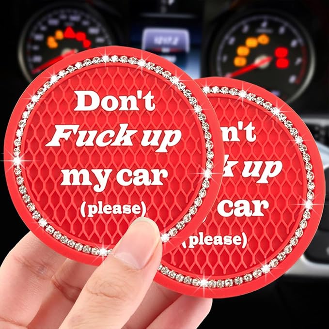 Ziciner 2 Pack Bling Car Cup Holder Coasters with Start Stop Button Cover, 2.75 inch Crystal Rhinestone Soft Rubber Auto Cup Insert Pad, Non-Slip Universal Vehicle Interior Accessories (Red)