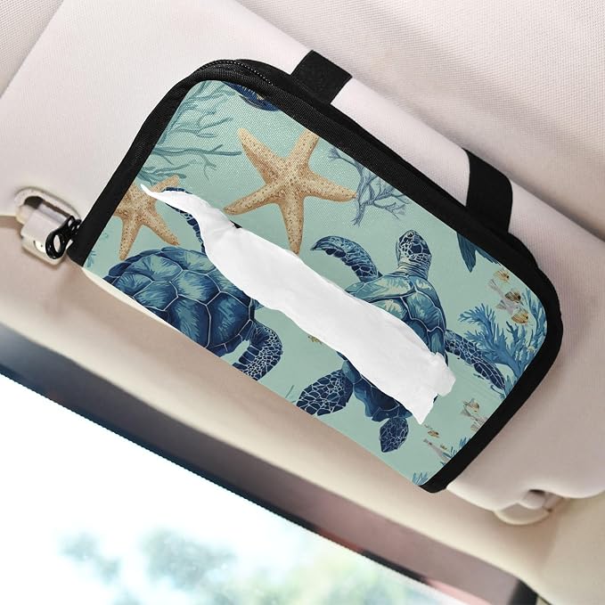Car Visor Tissue Holder Mask Holder for Car, Car Tissue Box Sun Visor Napkin Holder Car Visor Accessories Adjustable Straps Reusable Durable Easy to Install Mint Green Sea Turtles Starfish