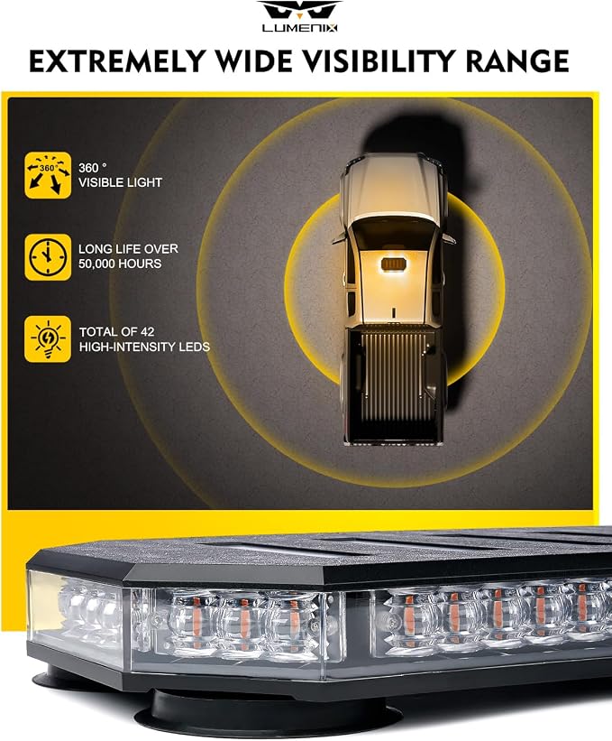LUMENIX 42 LED Roof Top Strobe Beacon Light Bar Hazard Warning Emergency Flashing Plow Lights with Controller for Construction Vehicles Tow Trucks Postal Cars Snowplow Amber White (Patent Design)