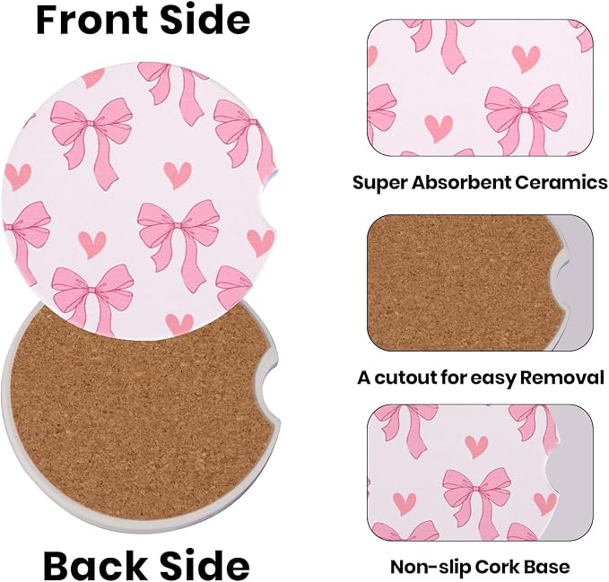 2 Pack Pink Bow Car Coasters for Women Car Cup Holder Coasters, 2.63 Inch Anti Slip Ceramic Absorbent Coaster with Cork Base and Finger Notch, Cute Car Accessories Interior
