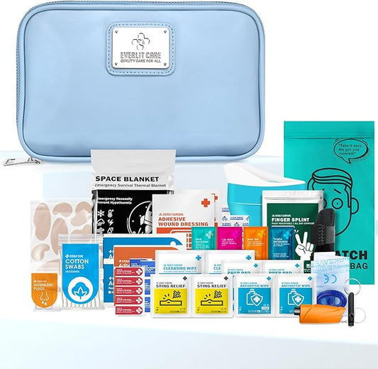 EVERLIT CARE Car First Aid Kit with Emergency Supplies Survival Gear Including Window Breaker Disposable Urine Bag Mountable Survival Kit for Family Travel in Car (Cyan)