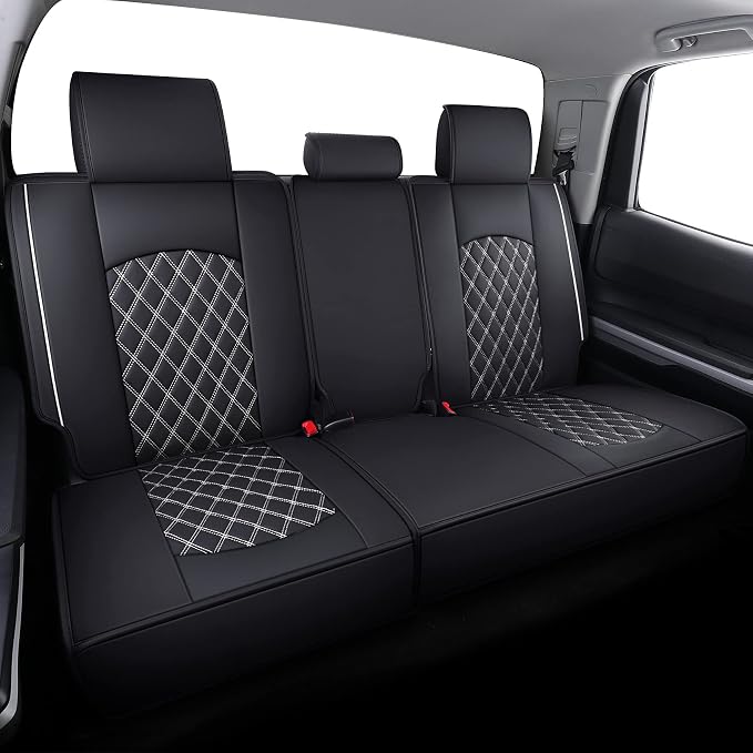 YIERTAI Tundra Seat Covers Compatible with 2008-2024 2025 2026 Toyota Tundra Crewmax Double Cab SR5 Limited Platinum TRD Pro Crew Cab Truck Waterproof Leather Seat Covers(5 PCS Full Set/Black-White)