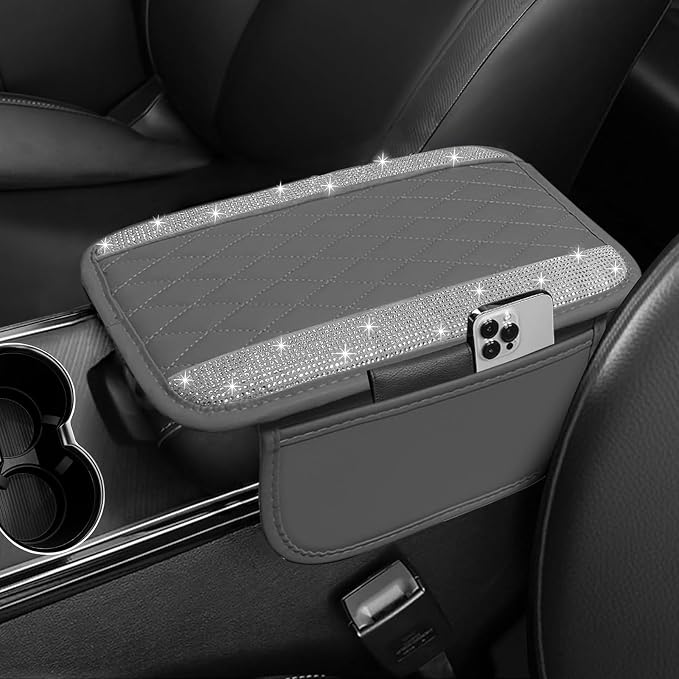 NBTEPEM Bling Grey Car Center Console Cover, Leather Car Arm Rest Cover with 2 Storage Bags, Universal Auto Armrest Protector Storage Box, Bling Accessories Interior for Most Vehicles