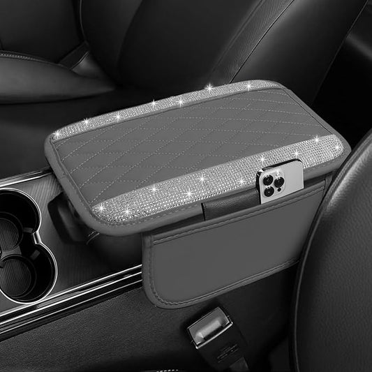 NBTEPEM Bling Grey Car Center Console Cover, Leather Car Arm Rest Cover with 2 Storage Bags, Universal Auto Armrest Protector Storage Box, Bling Accessories Interior for Most Vehicles