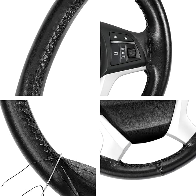 SEG Direct Genuine Leather Steering Wheel Cover, Stitch On Wrap, 15 Inch Steering Wheel Wrap for Car Truck SUV Pickup Boat, DIY Sewing with Needle Thread, Black