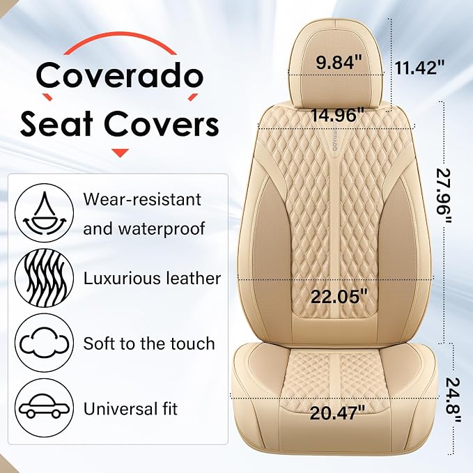 Coverado Car Seat Covers Full Set, Waterproof Nappa Leather Seat Covers for Cars, Front and Back Car Seat Protector, Luxury Car Seat Covers, 5 Seats Universal Beige Car Seat Cover Fit for Most Cars