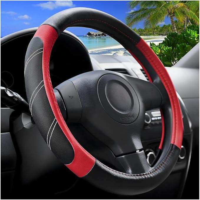 Zpana Car Steering Wheel Cover, 15 Inch Carbon Fiber Leather Non-Slip Steering Wheel Protector with Lining, Breathable Automotive Interior Accessories, Universal for SUV RV Truck (Red)