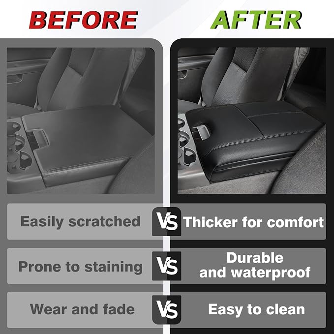 Muslogy Center Console Armrest Cover Fit for Chevy Silverado/Tahoe & GMC Sierra/Yukon 2007-2013 Accessories, Comfort Armrest Pad Console Lid Cushion Vegan Leather 1-Inch Extra Thick(Jump Seat ONLY)