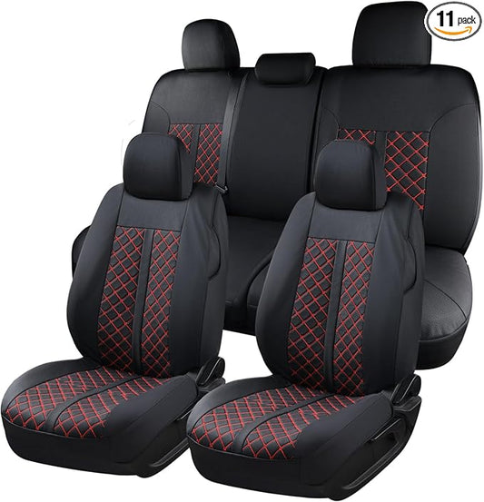 Truckiipa Toyota Tacoma Seat Covers Full Set, Waterproof Leather Seat Covers Fit for 4th Gen 2024-2026 Toyota Tacoma Double Crew Cab SR SR5 Limited TRD Sport/Off Road, Full Set, Black&Red