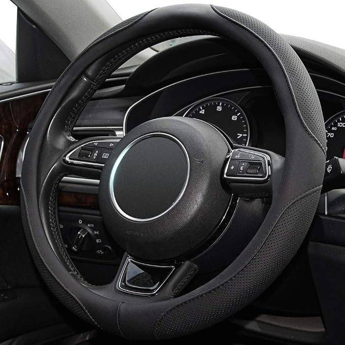 14inch Steering Wheel Cover,Prius,Civic,S,(14-14.25inch)-Black Microfiber Leather Breathable, Anti Slip Car Accessories-