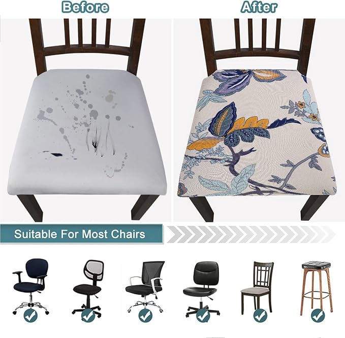 SearchI Seat Covers for Dining Room Chairs Stretch Printed Chair Seat Covers Set of 6, Removable Washable Upholstered Chair Seat Protector Cushion Slipcovers for Kitchen, Office(Flower Pattern)