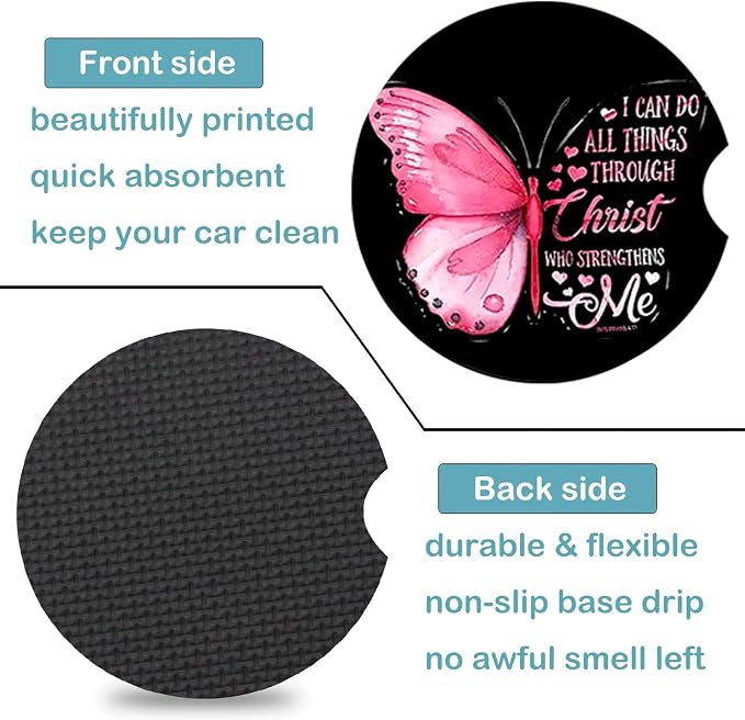 2 Pack Pink Butterfly Car Cup Holder Coasters Universal Neoprene Coasters | 2.75" Universal Size Anti Slip Rubber Mat, Auto Cup Holder Accessories for SUV Truck, Butterfly Gifts for Women Men Mom
