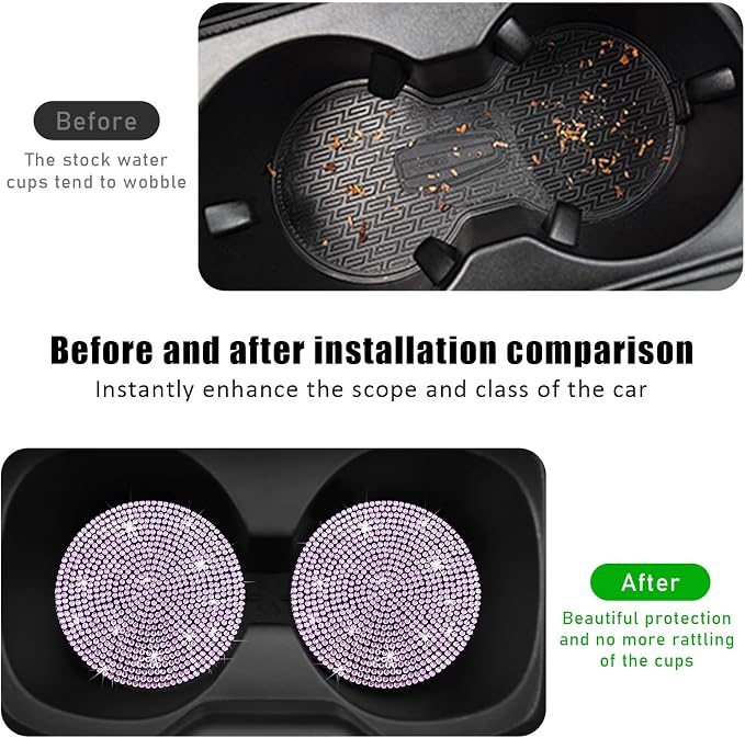 Ziciner 2PCS Bling Car Cup Holder Coaster, 2.73 Inch Anti-Slip Cup Insert Coasters, Crystal Rhinestone Auto Drink Cup Mat, Universal Interior Decor Car Accessories for Women Girls (Pink)