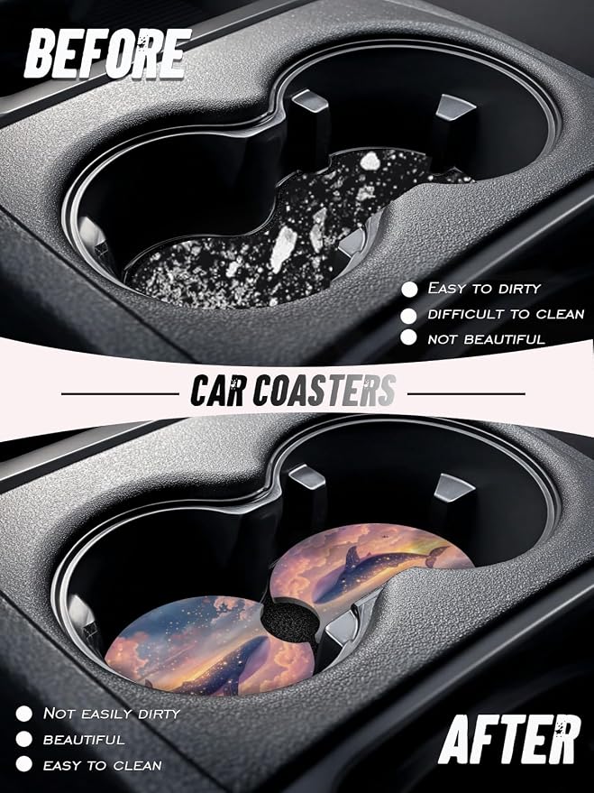Car Cup Coasters,2 Pack Car Coaster,2.75inch Anti Slip and Absorbent Cars Coasters for Cup Holders,Neopren Accessories for Women,Cute Decor for Women (Pink Whale)