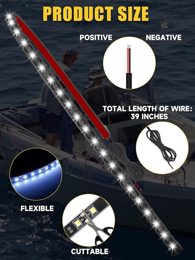 Car LED Strip Lights IP68 Waterproof Cuttable 24inch White 4 Pcs | 12V Footwell & Underbody Lights, 5050 SMD Beads, Interior & Exterior Light, Fits SUVs, Trucks, Motorcycles, Boats, Golf Carts
