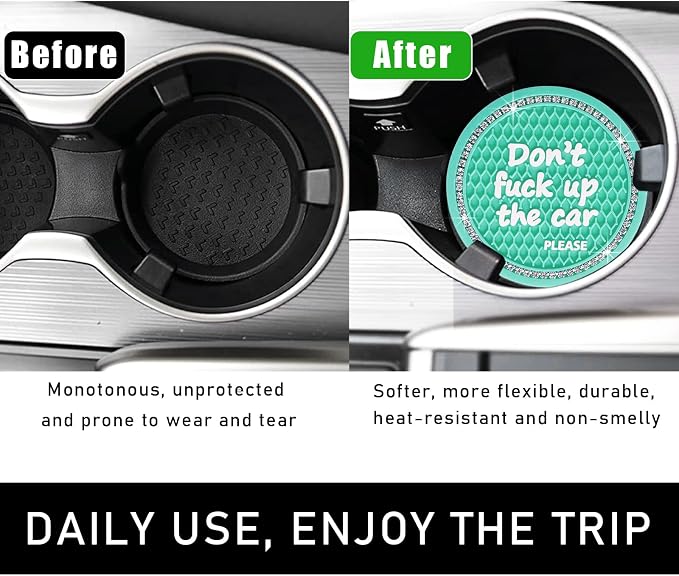 Ohleats Bling Car Cup Coaster, 2.75 Inch Non-Slip Don't Fuck Up My Car Please Cup Holder Insert Coaster, Crystal Rhinestone Auto Drink Cup Mat, Universal Car Accessories (Green-4PCS)