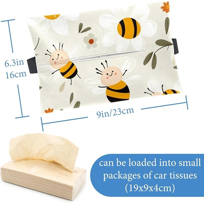White Flower and bee (40) Car Tissue Holder, Hanging Tissue Holder in Car, Leather Car Napkin Holder for Universal Auto, Easy Use