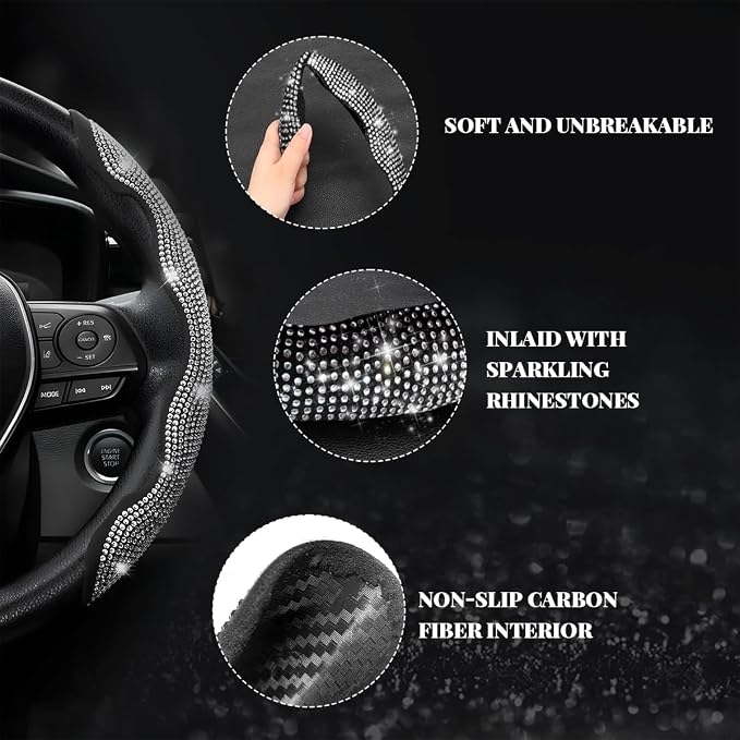 2 PCS Steering Wheel Cover, Segmented Car Wheel Covers with Crystal Rhinestones, Non-Slip Protector Bling Sparkly Decoration for Most Steering Wheels, Car Accessories (Blue)