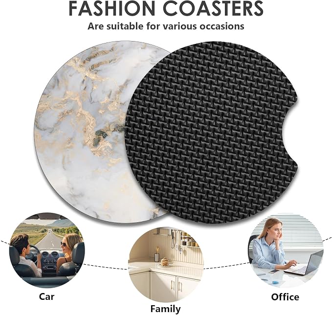 2 Pack Car Coasters，2.75-inch Neoprene Non-Slip Cup Holder Coasters for Car，Cute Car Interior Accessories for Men and Women，Gray Marble