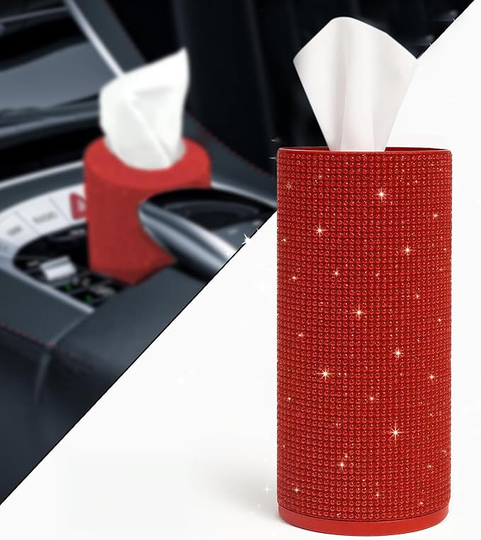 Bling Car Tissue Holder for Cup Holder – Sparkly Rhinestone Round Tissue Dispenser with 1 Pack Tissues – Fits Standard Auto Cup Holders – Stylish Car Interior Accessory for Women(RED)
