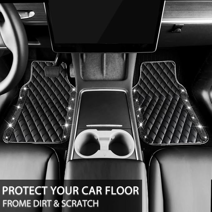NBTEPEM Black Bling Leather Car Floor Mats Full Set, Sparkly Diamond Car Mats Universal Fit Most Automotive, Glitter Rhinestone Carpet Waterproof Anti-Slip, 5 pcs Set (Black Leather Diamond)