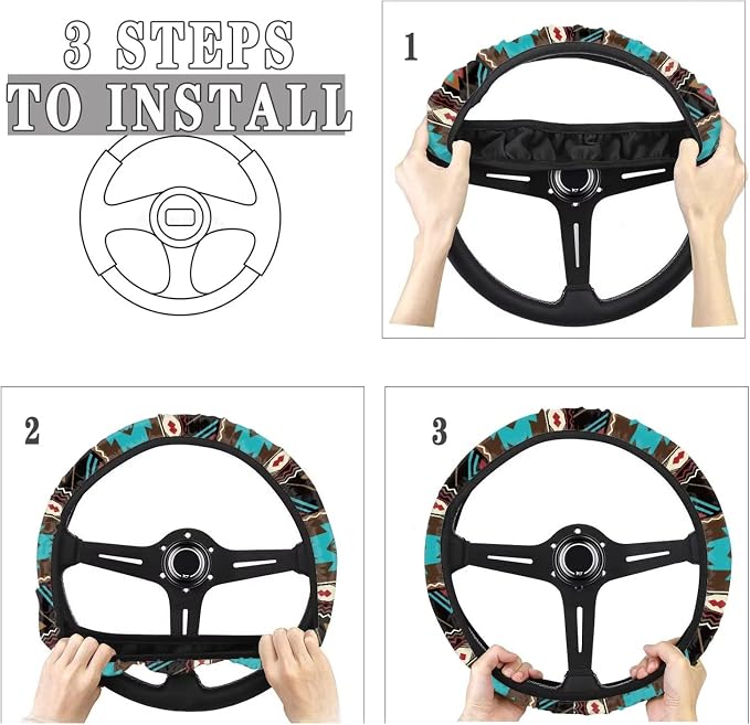 Wanyint Southwest Aztec Teal Brown Car Steering Wheel Cover Soft Stretch Auto Steering Wrap Protector for Women Men, Universal Auto Accessories Fit Most Vehicles