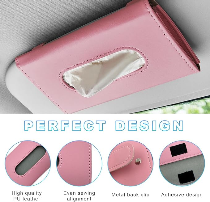 Ohleats Car Tissue Holder, Leather Sun Visor Napkin Holder, Auto Backseat Tissue Mask Case Dispenser for Most Vehicles, Universal Interior Car Accessories Hanging Tissues (Pink)