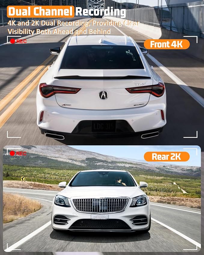 4K Dual Dash Cam Front and Rear, 4K+2K Dashcam with 5GHz WiFi & APP Control | Dash Camera for Cars with 64GB Card, 24H Parking Monitor, Night Vision, Loop Recording, G-Sensor, WDR, 3.2" IPS Screen