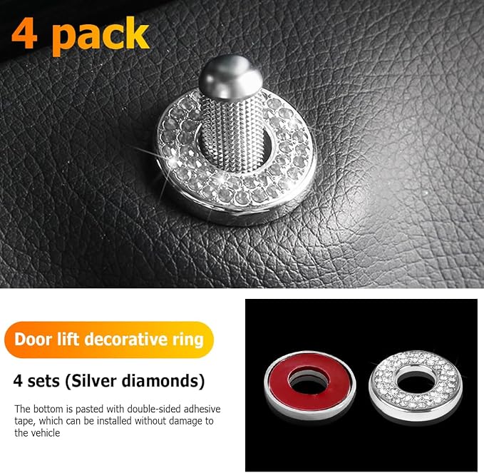 Osilly 4 Pcs Bling Car Inner Door Lock Covers, Crystal Pull Rod Bolt Stickers, Sparkly Rhinestones Auto Door Bolt Decorations, Vehicle Lock Pin Cap Decors for C Class C200L GLC260 C260L (White)