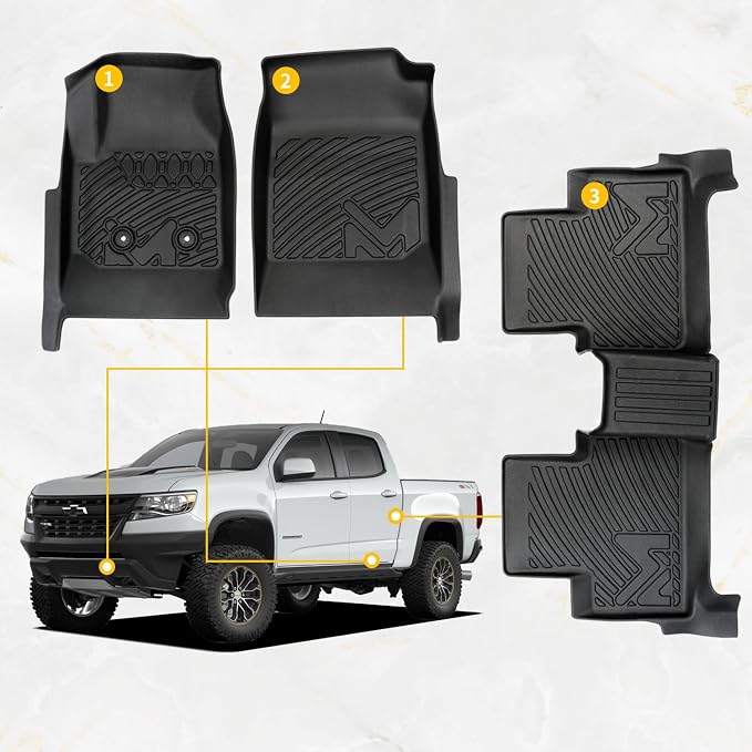 TPE Automotive Floor Mats Custom for 2015-2022 Chevy Colorado/GMC Canyon Crew Cab, All Weather Cover Protection Waterproof Black Floor Liner Front & Rear Row Full Set Car Mats, 3PCS