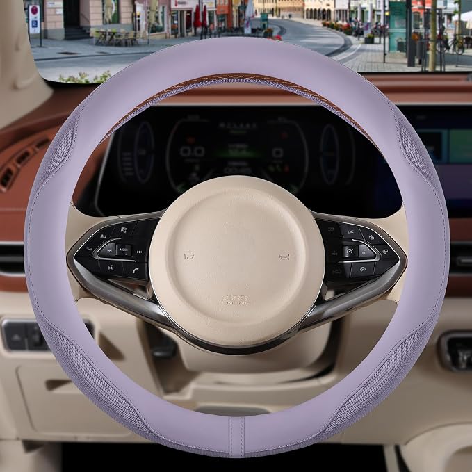 Nappa Leather Purple Steering Wheel Cover Large 16 inch | Non-Slip Breathable Microfiber Leather and Ice Silk Fabric, Warm in Winter and Cool in Summer, 15.5 inch to 16 inch