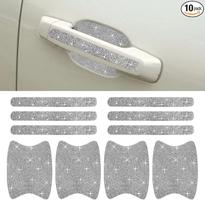 ZIMISI 10PCS Bling Car Door Handle Protector, Crystal Rhinestone Anti-Scratch Car Bowl Decoration Sticker Decal, Universal Auto Exterior Door Protective Covers Accessories for Women (White)