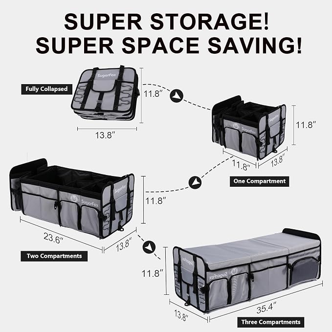 SugarFox Bold Color Block Trunk Organizer | 95L, 35"x13.8"x11.8" | Dedicated Shoe Storage & 26L Ice Pack | Foldable for SUV/Car/Jeep | Car Accessories for Men & Women - Gray-X212