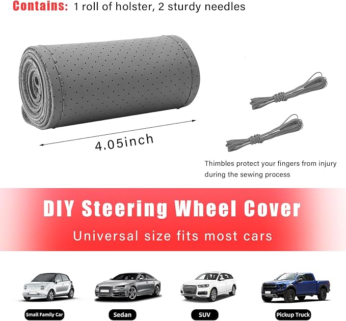 Augeny Genuine Leather Steering Wheel Cover, Breathable Anti-Slip Car Steering Wheel Protector Stitch on Wrap for Max Diameter 15 Inch, DIY Sewing with Needle Thread (Full Hole, Gray)