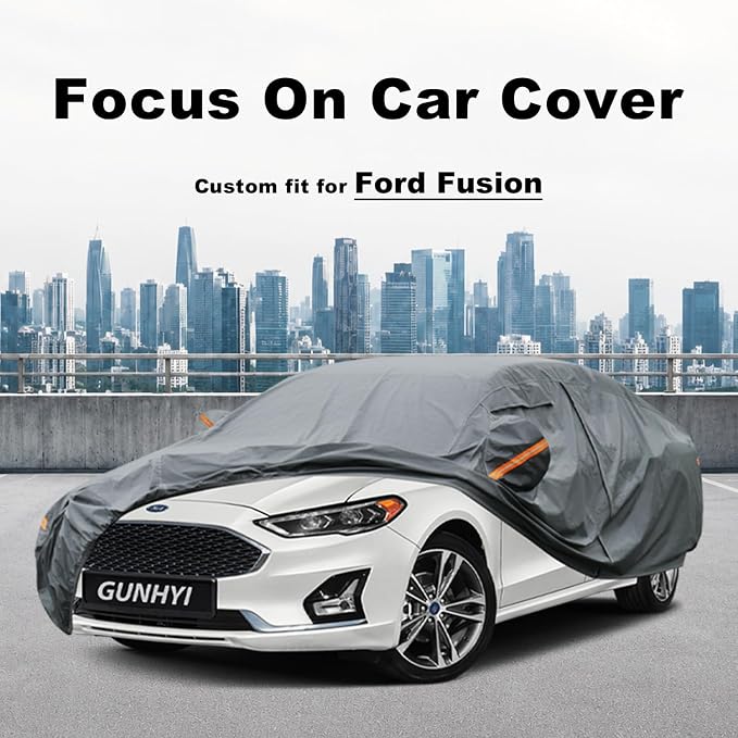GUNHYI Premium Car Cover Custom Fit Ford Fusion, 16 Layers Heavy Duty Car Cover Waterproof All Weather with Zipper Door for Sun Rain Snow Dust Uv Protection